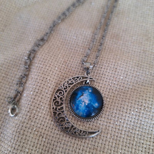 Moon necklace new, silver and blue with universe design
