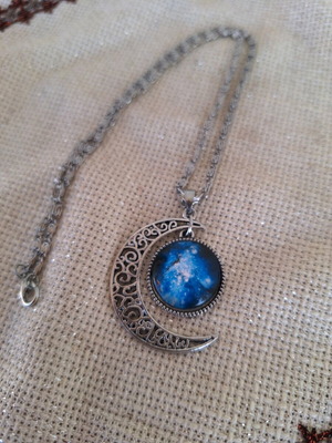 Moon necklace new, silver and blue with universe design