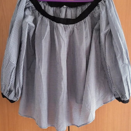 SheIn Blouse Shirt Fine Check Black Gray Balloon Sleeves Like New