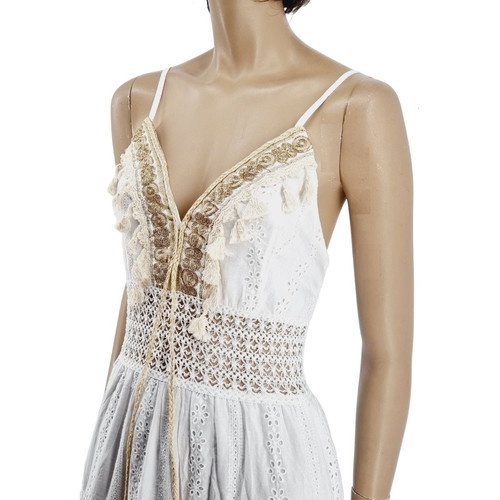 Pure long dress white with embroidery and knitted details, new, one size