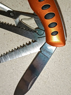 Swiss Army style multi-tool, orange, stainless steel
