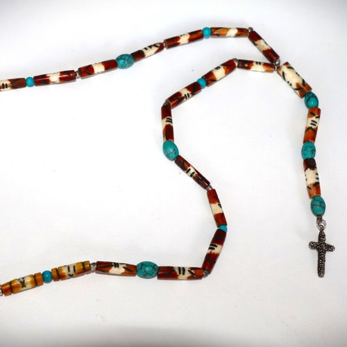 Rosary necklace new with carved bones, semi-precious stones and 925 silver cross