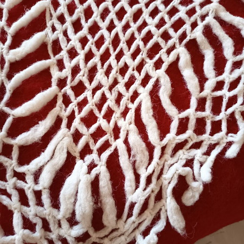 Vintage handmade triangular crochet shawl with fringes, like new, beige