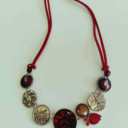 Necklace colorful with double cord, new, red and orange