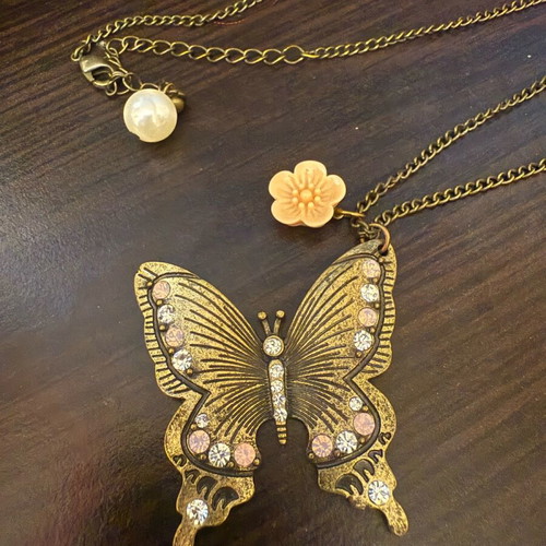 Butterfly pendant used with long bronze chain