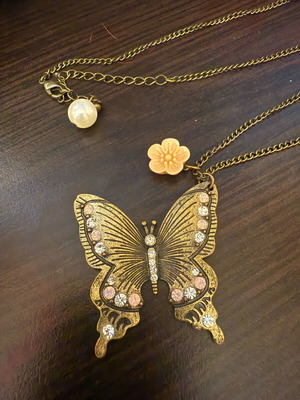 Butterfly pendant used with long bronze chain