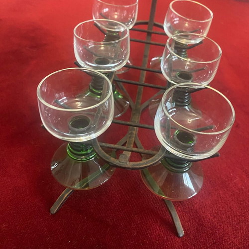 Vintage metal stand with six hanging liqueur glasses like new