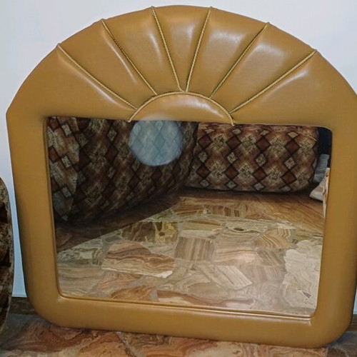 Mirror with wooden frame covered with leatherette used, beige