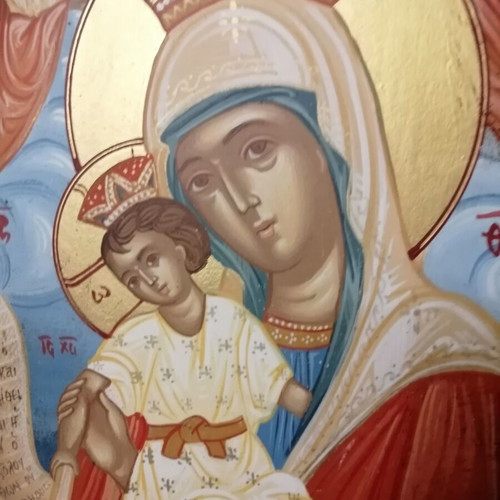 Ιερή εικόνα Βρεφοκρατούσα Χρύσα Μεγαπάνου, αυγοτέμπερα σε μουσαμά