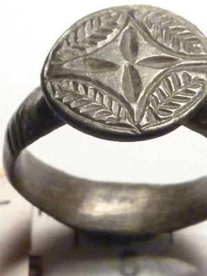 Antique Revival Bronze Ring with Cross and Dark Green Glass Patina used