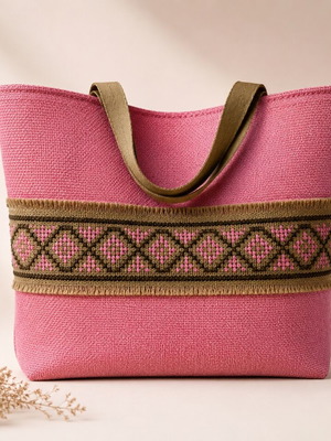 Linen tote bag shoulder pink with embroidered detail new