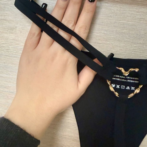 Intimissimi Black Seamless String Cotton Thong with Gold Heart, New