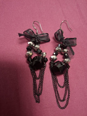 Handmade black bow and chain dangle earrings like new