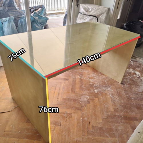 Wooden desk with glass top used, large and comfortable