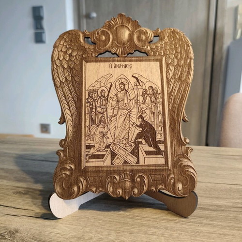 Wooden table icon of the Resurrection new with carved frame and angel wings