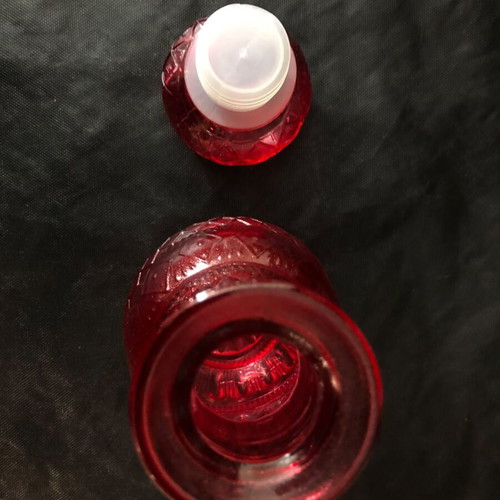 Ruby Red Cut Glass Decanter with Diamond Quilted Pattern and Airtight Stopper