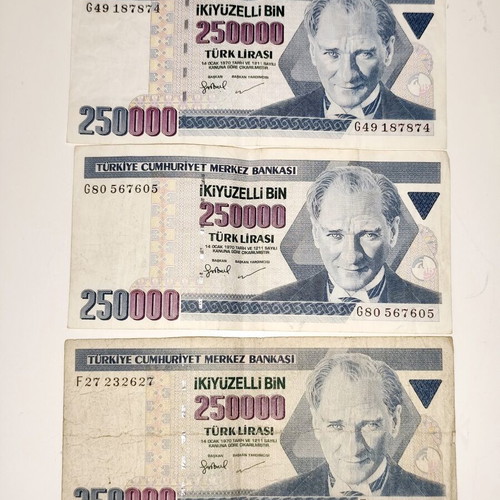 Set of 3 Used 250,000 Turkish Lira Banknotes with Atatürk