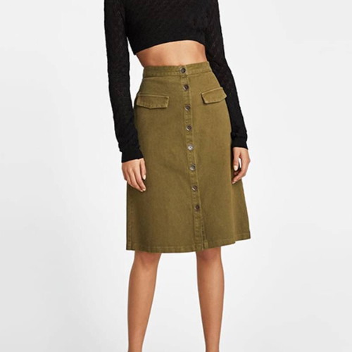 Zara denim khaki midi skirt XS like new with buttons and pockets
