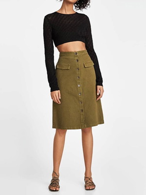Zara denim khaki midi skirt XS like new with buttons and pockets
