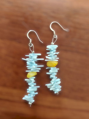 Coral earrings handmade dangling new, yellow and turquoise