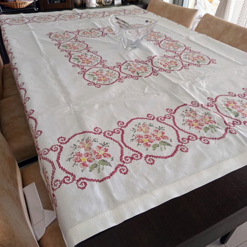 Handmade White Tablecloth 155x166 cm with Cross Stitch and Azur Finish