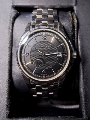 Hamilton Jazzmaster Power Reserve automatic watch used, black dial, steel bracelet