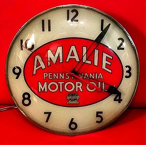 Ηλεκτρικό φωτιζόμενο ρολόι τοίχου Amalie Pennsylvania Motor Oil. Διάμετρος:38κ. ΤΙΜΗ:250 ευρω