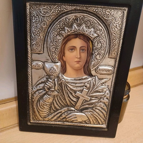 Saint Barbara silver icon 9.25 in excellent condition