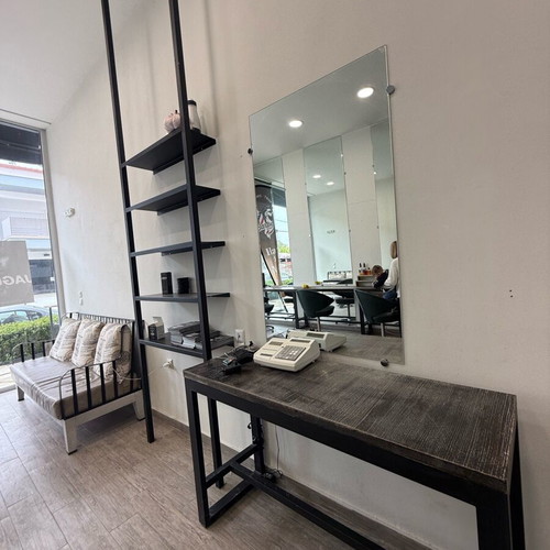 Hair salon equipment used with Electra sofa, table, mirrors, sinks, shelves