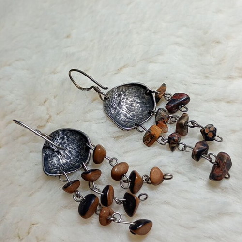 Silver earrings with chains and stones, used