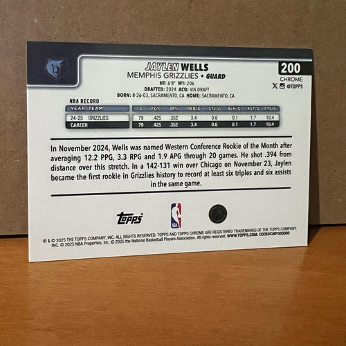 NBA Topps Chrome Jaylen Wells base card #200 like new