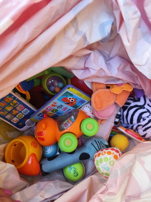 Baby toys like new, rattle, teether, car, mobile in bag