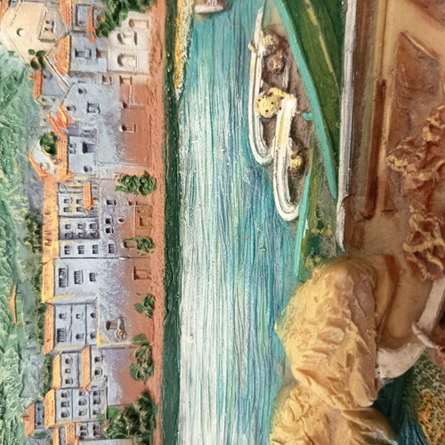 Relief wall decoration with fishing boat and seaside landscape, like new