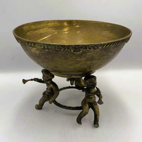 Αντίκα Art Nouveau ορειχάλκινο μπολ με βάθρο και χερουβείμ σαν καινούργιο