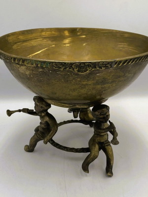 Αντίκα Art Nouveau ορειχάλκινο μπολ με βάθρο και χερουβείμ σαν καινούργιο