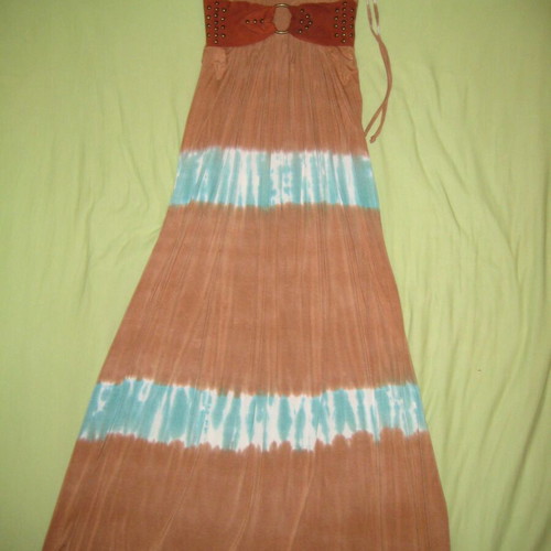 Sky boho maxi cotton dress with tie-dye and leather detail used