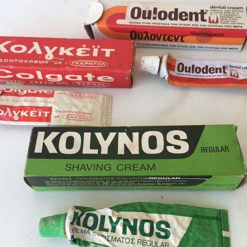 Old packaging of Kolynos, Colgate, Oulodent personal care items