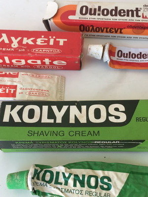 Old packaging of Kolynos, Colgate, Oulodent personal care items