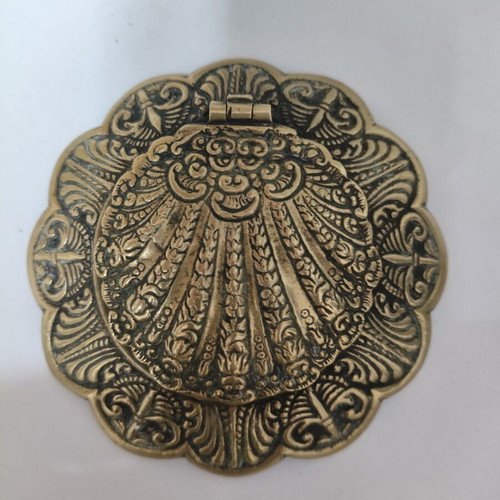 Vintage brass decorative container with lid used, carved design