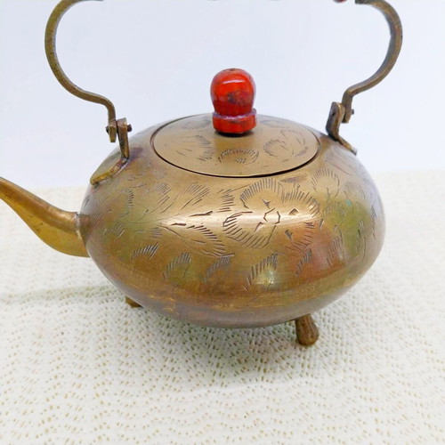 Vintage brass decorative teapot with wooden handle used, England