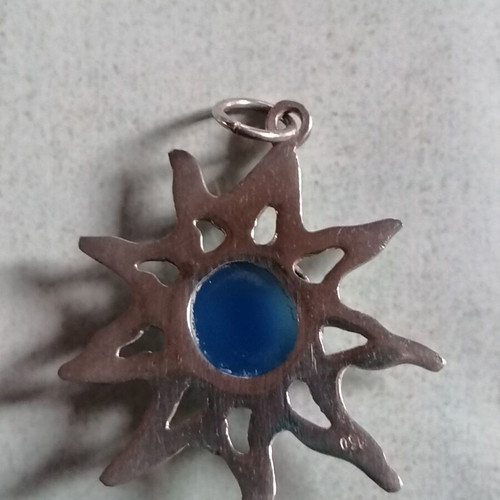 Silver 950 handmade sun pendant with blue mineral agate stone new