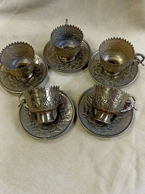Bronze coffee set used, 5 cups with 5 saucers, silver-plated tray
