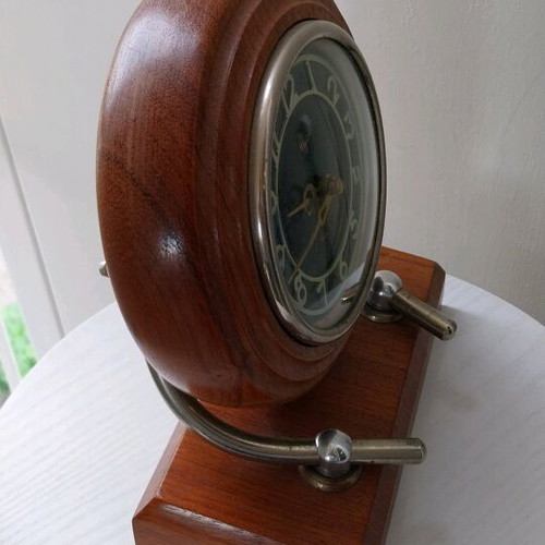 Mayak retro wind-up table clock used, wooden base