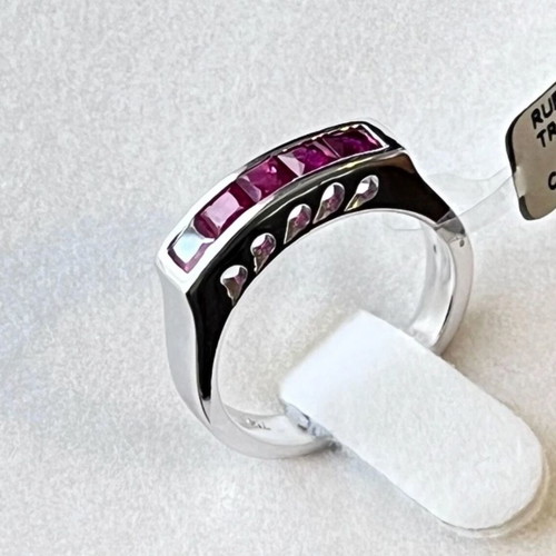 18K White Gold Half Band Ring with Princess Cut Rubies like new