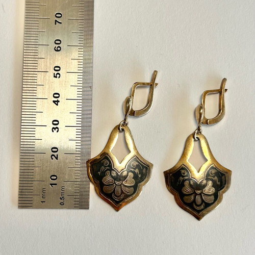 Vintage blackened silver earrings with floral engraving used