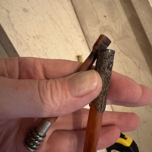 Vintage tobacco pipes set of 2 with silver filigree and amber/bakelite