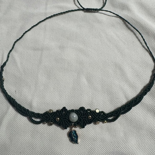Macrame Forest Leaf choker with dendritic agate and enamel, new