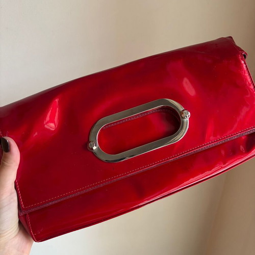 Stuart Weitzman red leather patent clutch bag like new