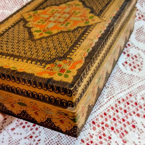 Vintage wooden box with handmade pyrography from 1970s