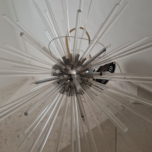 Sputnik style pendant lamp used, metal and glass chandelier